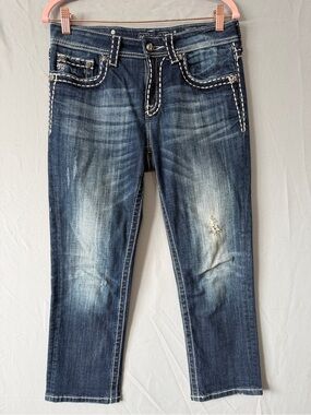Miss Me Womens Distressed Boyfriend Capri Size 26 Medium Wash Denim Embellished